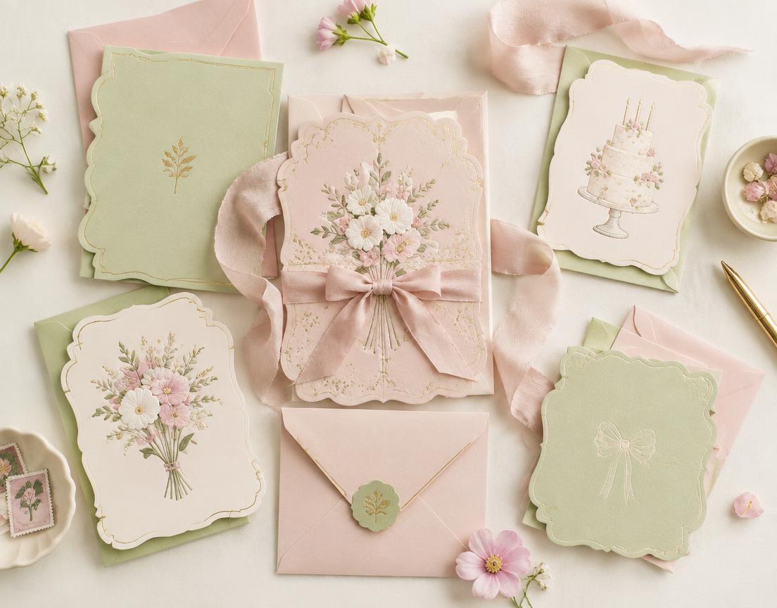 Handmade floral invitations and occasion cards in blush and green
