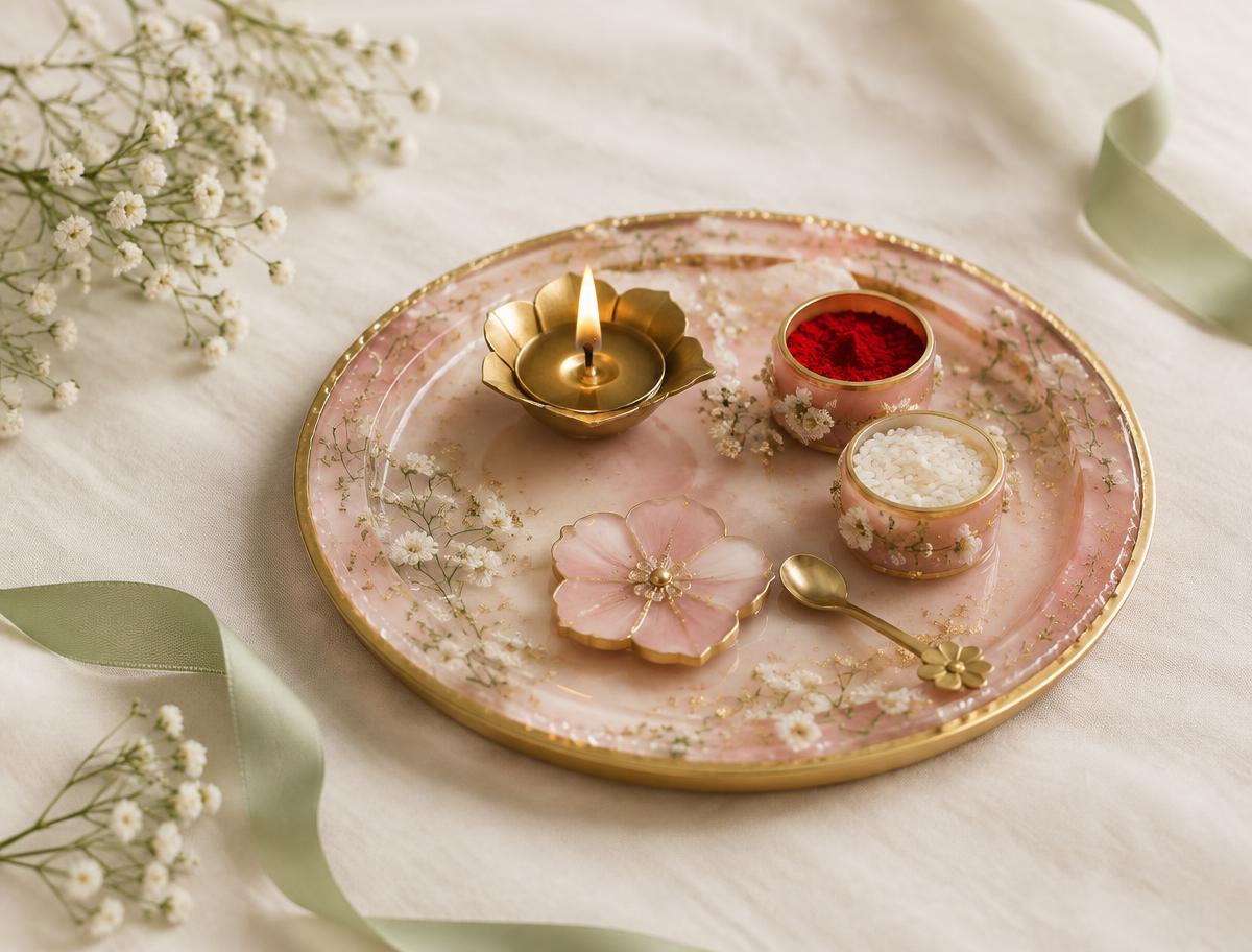 Blush resin celebration thali with flowers and gold details