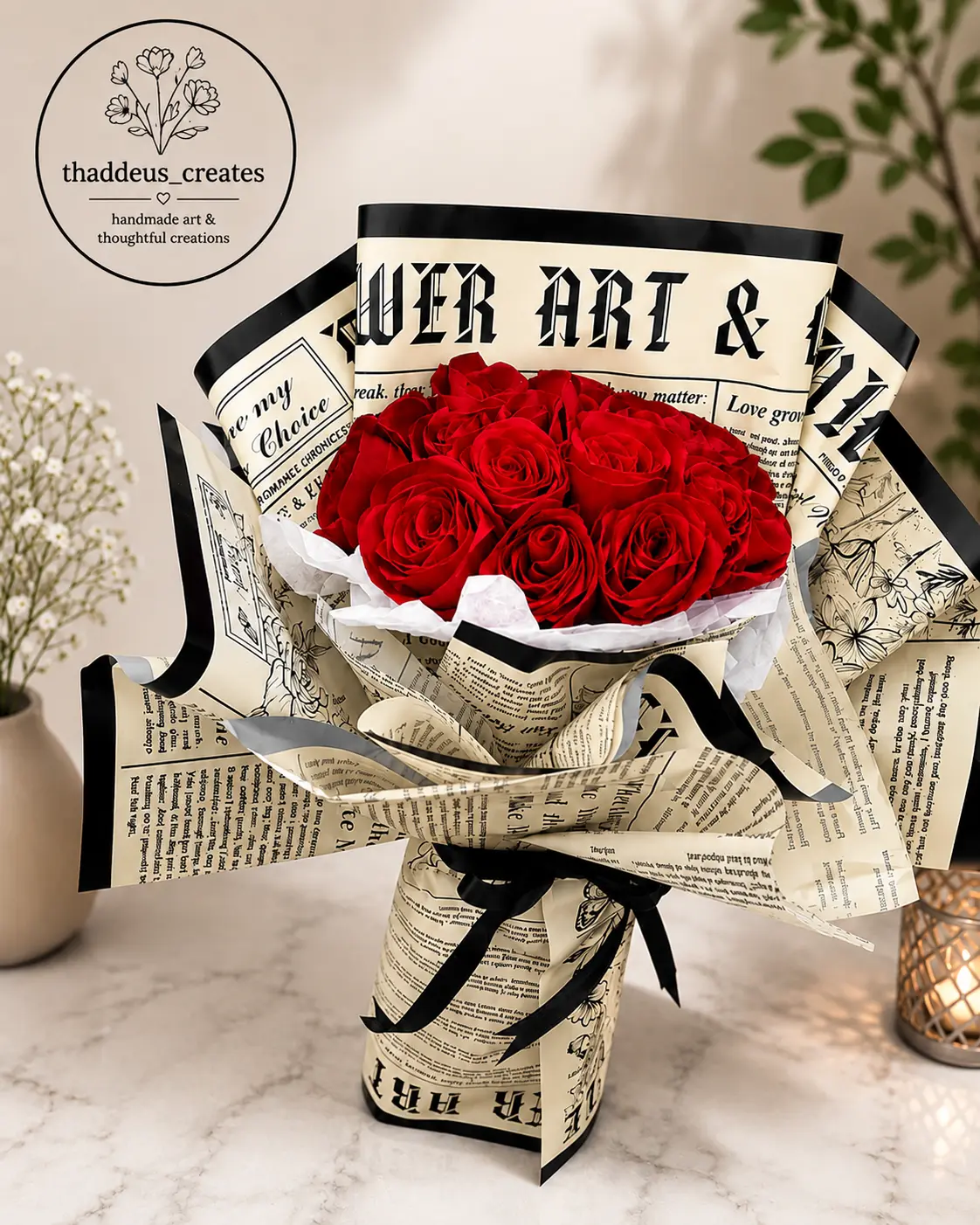 Handmade red rose bouquet wrapped in black-edged newspaper paper