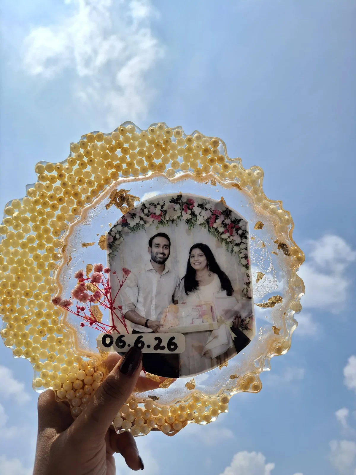 Custom ceremony resin thali set with pressed flowers