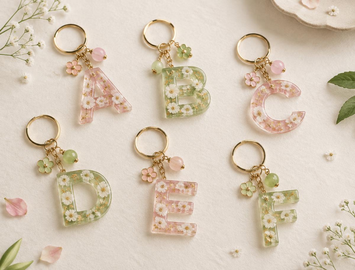 Pastel resin letter keychains with tiny white flowers