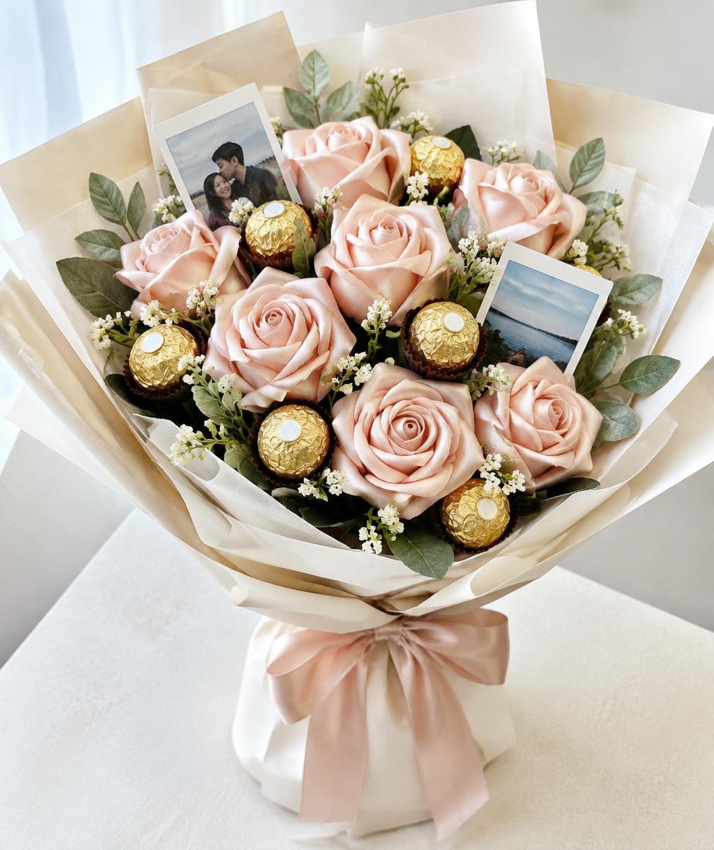 Satin rose bouquet with chocolates and small photo keepsakes